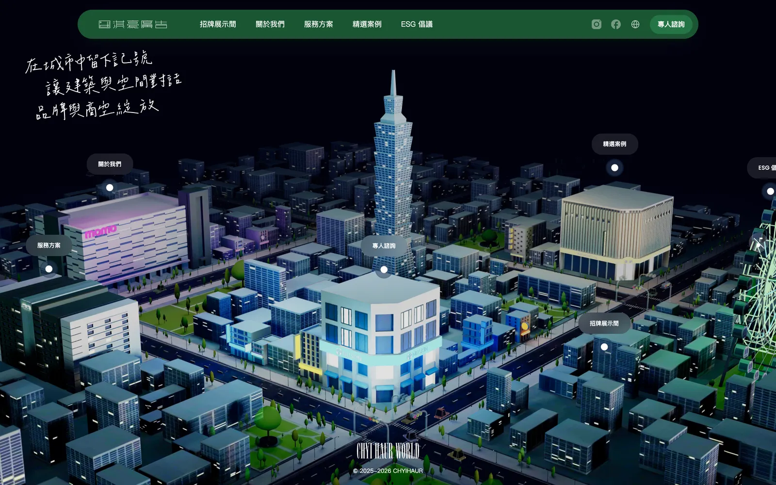 CHYIHAUR homepage: a 3D city built with Three.js, with six hotspot labels leading to the main sections