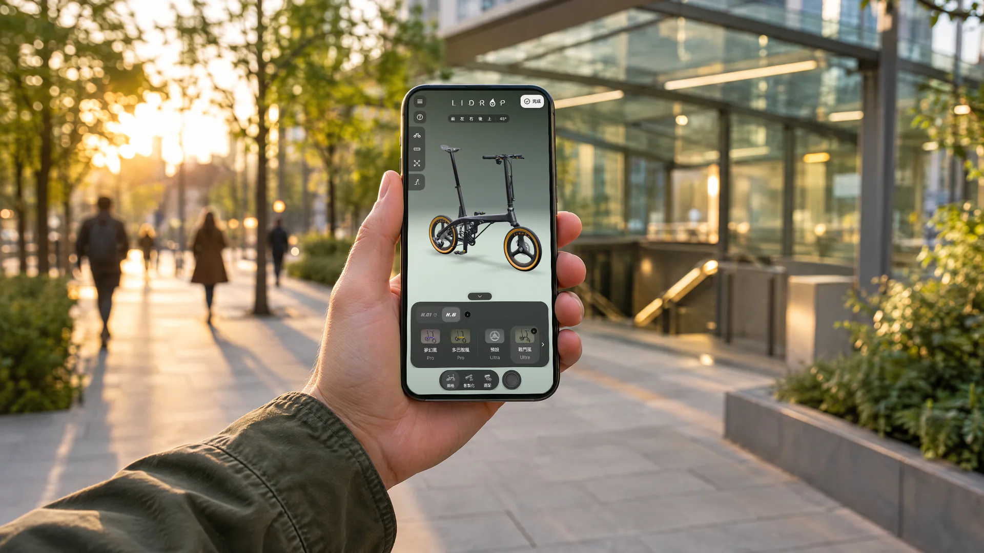 情境示意：通勤路上打開手機，就能把自己的車從頭配一次（螢幕為配置器實際畫面）
